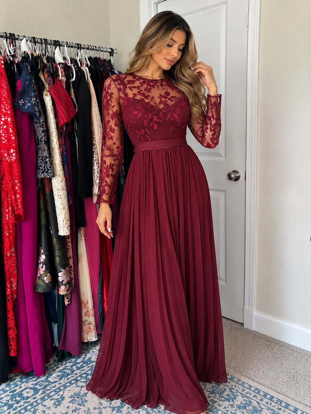 Coast Pleated Lace Long Sleeve Dress US 8 Burgundy